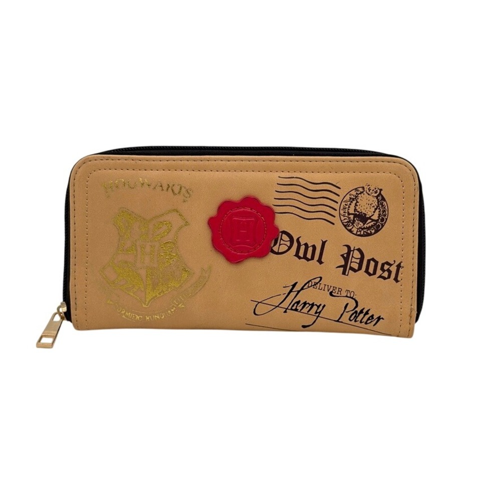 Harry‎ Potter Owl Post Zip Around Wallet Hogwarts Faux Leather Tan Black